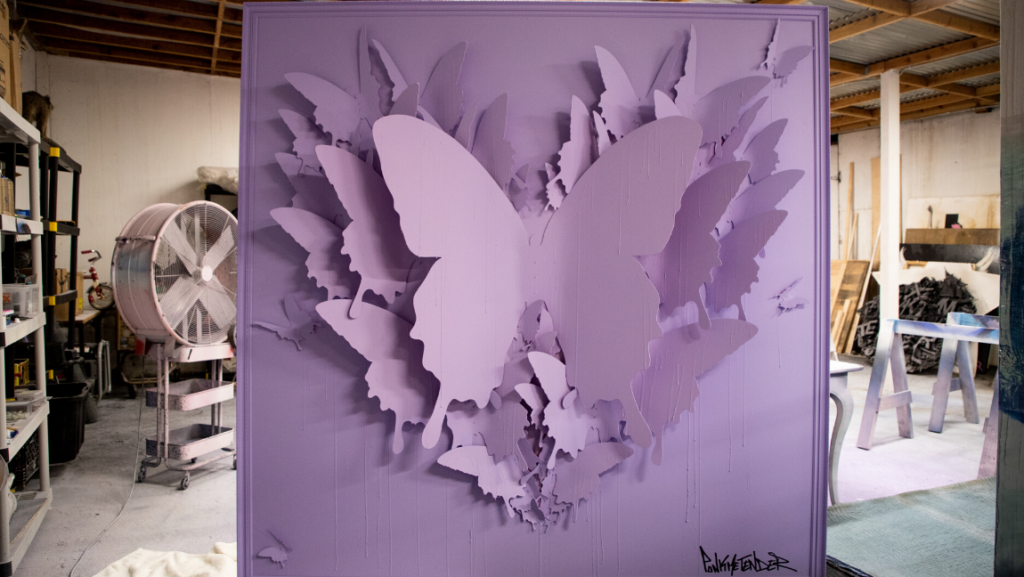 Artwork of a purple butterfly.