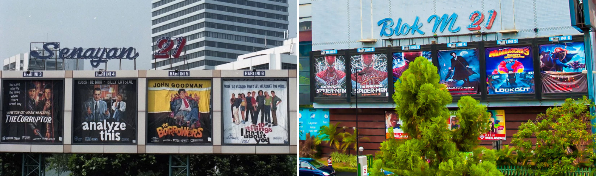 Cinema 21 billboards at Plaza Senayan (left) and Blok M Plaza (right). Photos via RADAL Jakarta Selatan & Pakuwon.