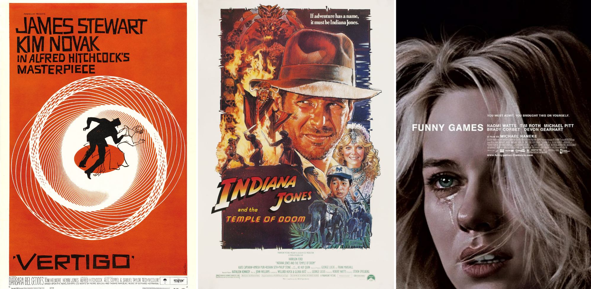 Posters by Saul Bass (left), Drew Struzan (middle), and Akiko Stehrenberger (right). Photos via IMDb & Posteritati.